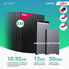 PV Komplettset 12 kWp - 24 × SunPro Power 455W N-Typ Bifacial Full Black Glas-Glas Module & Anker X1-H12K-T mit Speicheroption & Unterkonstruktion