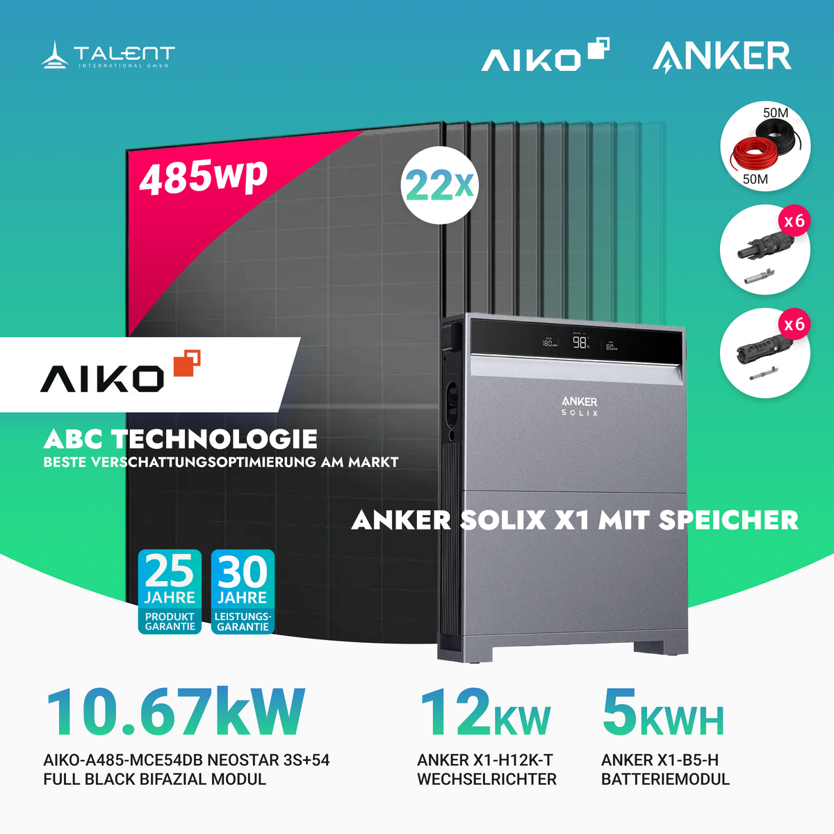 PV Komplettset 10 kWp - 22× AIKO 485W Full Black & Anker X1-H12K-T mit Speicheroption & Unterkonstruktion