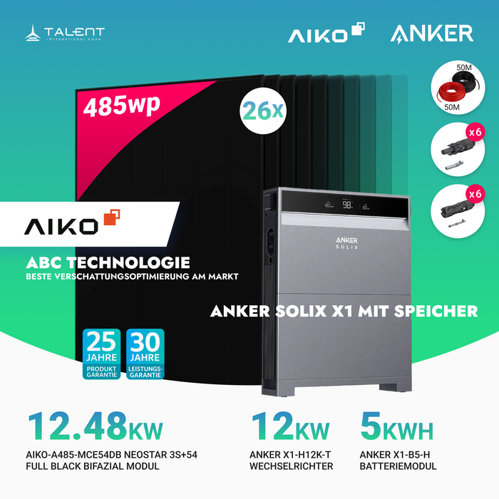 PV Komplettset 12 kWp - 26 × 485W AIKO Full Black Glas-Glas Module & Anker X1-H12K-T mit Speicheroption & Unterkonstruktion