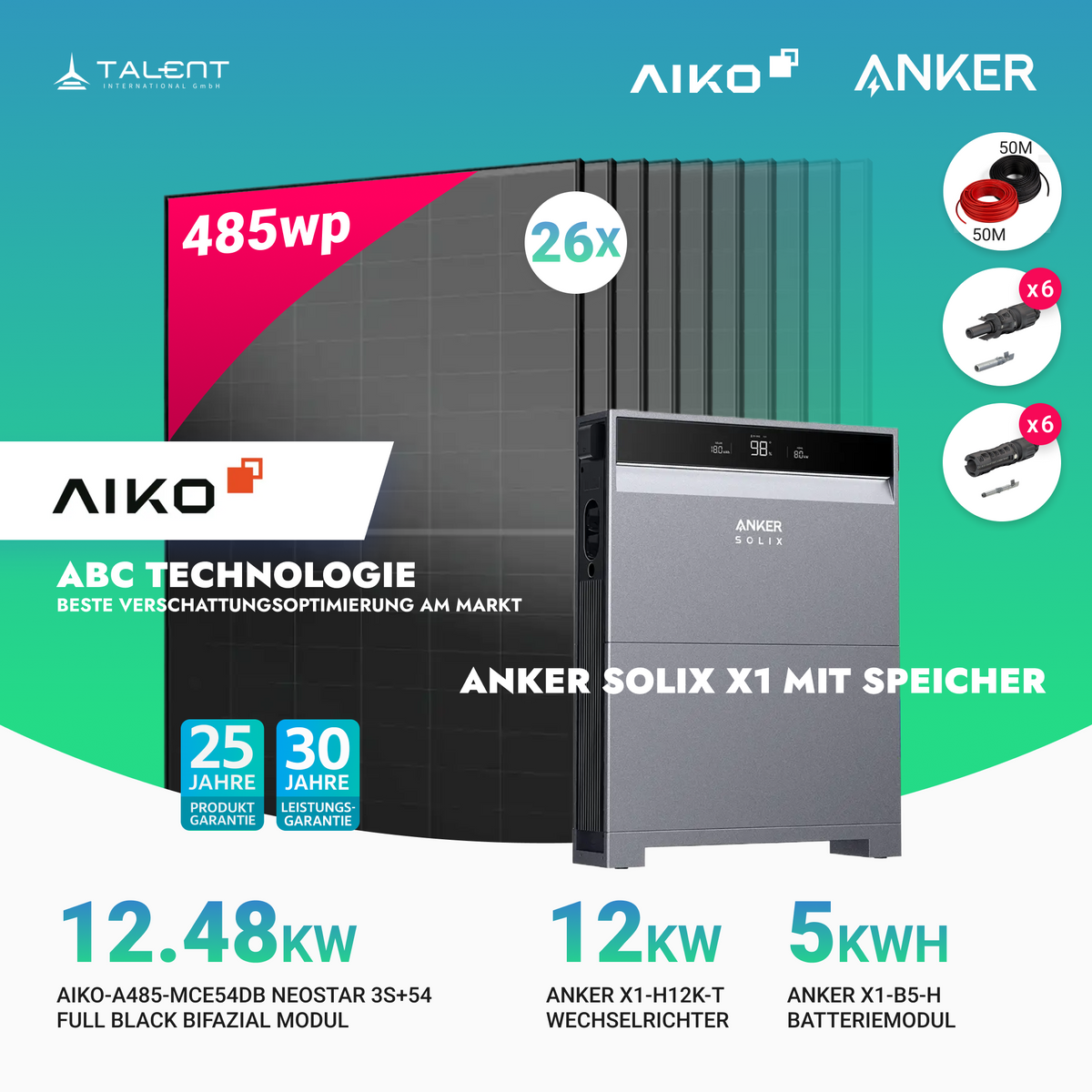 PV Komplettset 12 kWp - 26× AIKO 485W Full Black & Anker X1-H12K-T mit Speicheroption & Unterkonstruktion