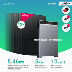 PV Komplettset 5 kWp - 12 × SunPro Power 455W N-Typ Bifacial Full Black Glas-Glas Module & Anker X1-H5K-T mit Speicheroption & Unterkonstruktion