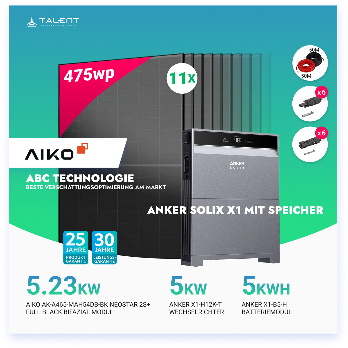 PV Komplettset 5 kWp - 11 × AIKO 475W Full Black & Anker X1-H5K-T mit Speicheroption & Unterkonstruktion