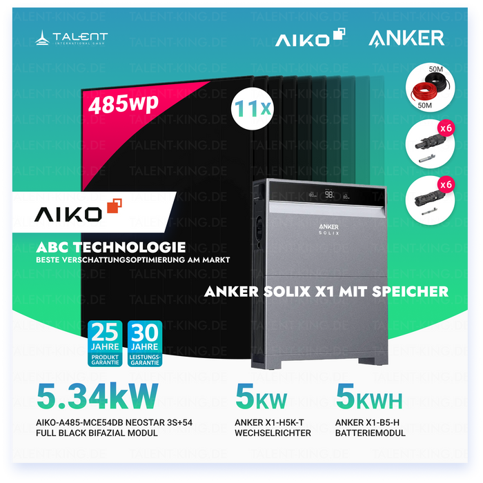 PV Komplettset 5 kWp - 11 × 485W AIKO Full Black Glas-Glas Module & Anker X1-H5K-T mit Speicheroption & Unterkonstruktion