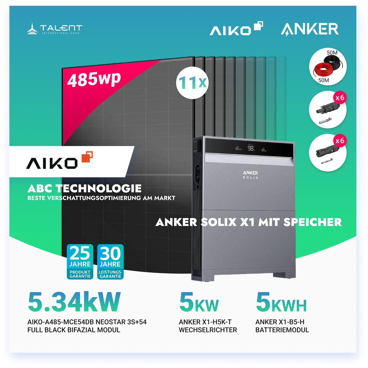 PV Komplettset 5 kWp - 11 × AIKO 485W Full Black & Anker X1-H5K-T mit Speicheroption & Unterkonstruktion