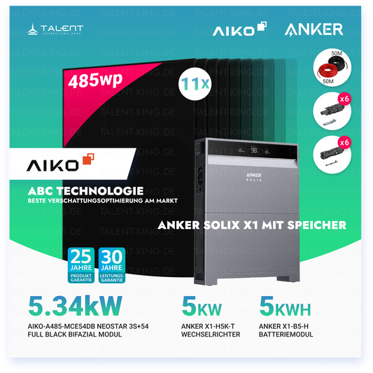 PV Komplettset 5 kWp - 11 × 485W AIKO Full Black Glas-Glas Module & Anker X1-H5K-T mit Speicheroption & Unterkonstruktion