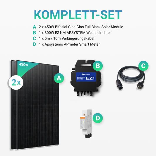 900W Balkonkraftwerk - 2 x 450W Bifacial Glas PV Modul Full Black + 800W EZ1-M Apsystem Wechselrichter mit Smart Meter