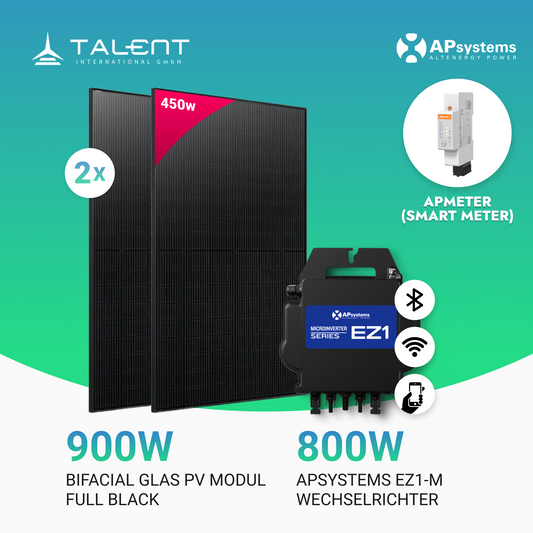 900W Balkonkraftwerk - 2 x 450W Bifacial Glas PV Modul Full Black + 800W EZ1-M Apsystem Wechselrichter mit Smart Meter