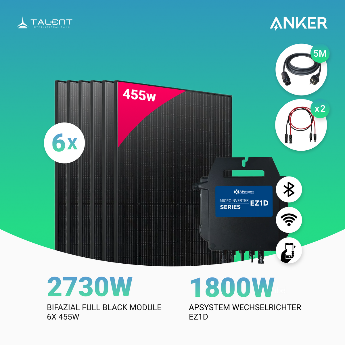 Balkonkraftwerk 2730W (6 x 455W) Bifacial Glas PV Modul Full Black + 1800W EZ1D Apsystems Wechselrichter