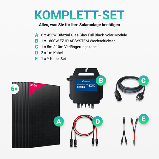 Balkonkraftwerk 2730W (6 x 455W) Bifacial Glas PV Modul Full Black + 1800W EZ1D Apsystems Wechselrichter