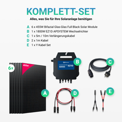 Balkonkraftwerk 2730W (6 x 455W) Bifacial Glas PV Modul Full Black + 1800W EZ1D Apsystems Wechselrichter