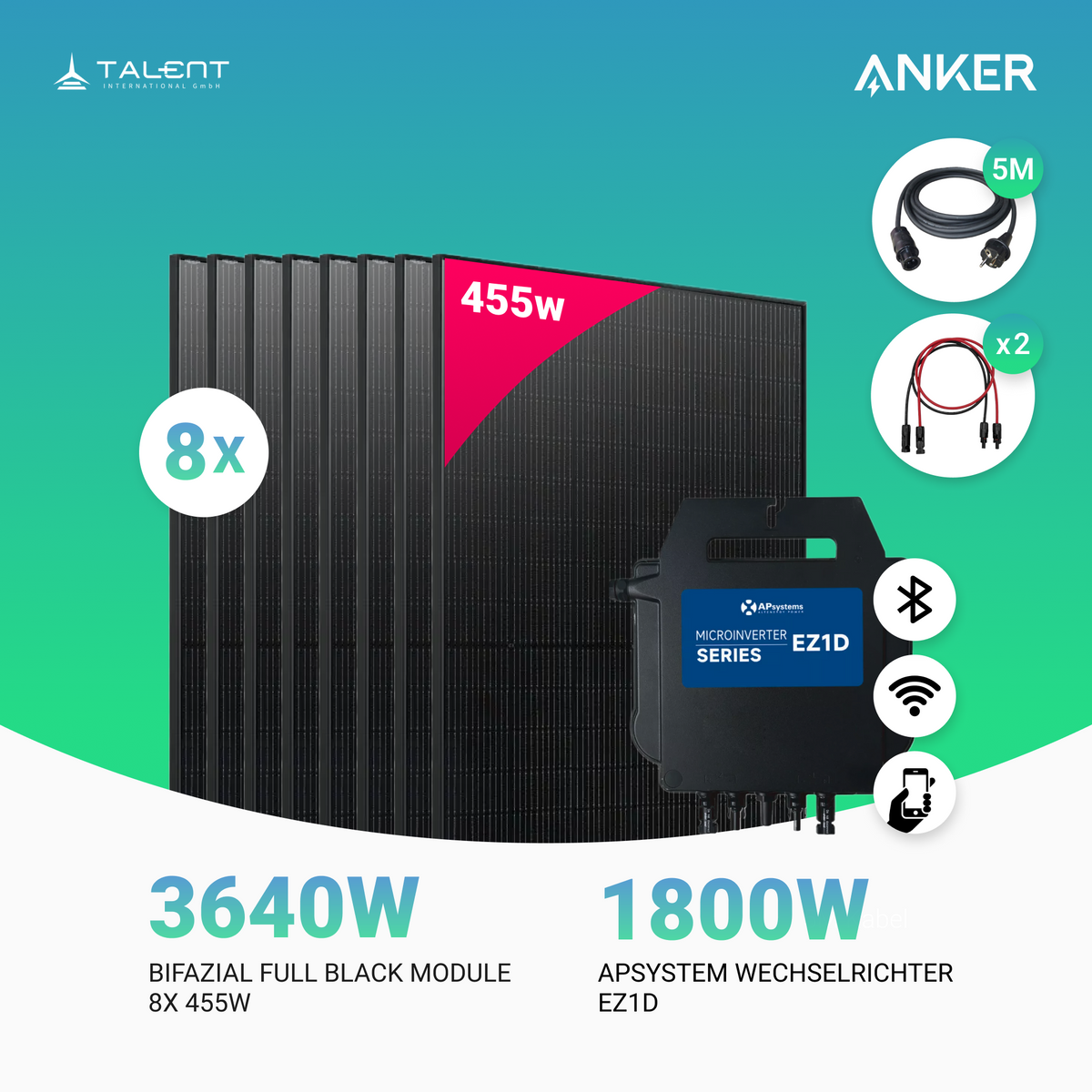 Balkonkraftwerk 3640W (8 x 455W) Full Black Glas-Glas bifazial Modul + 1800W EZ1D Apsystems Wechselrichter