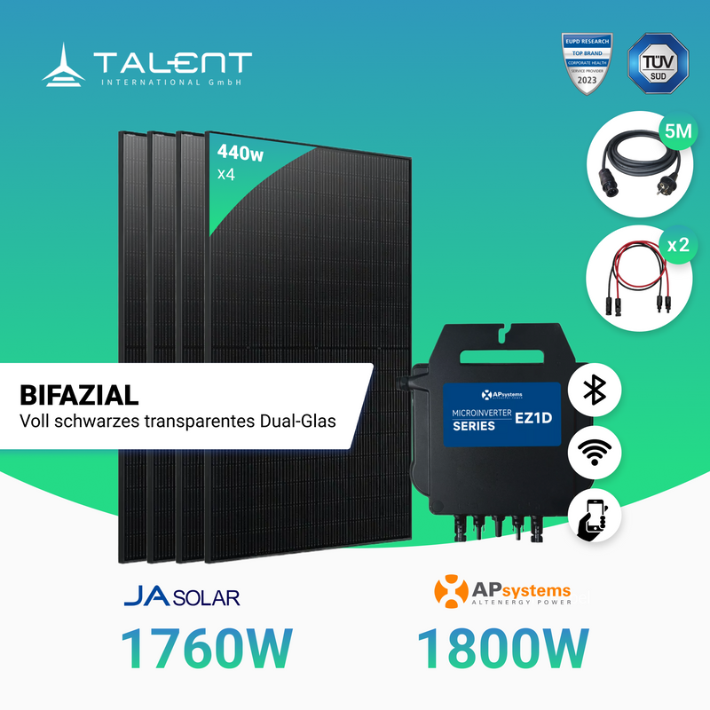 Balkonkraftwerk 1760W JASolar Bifacial Glas PV Modul Full Black / 1800W EZ1D Apsystem Wechselrichter