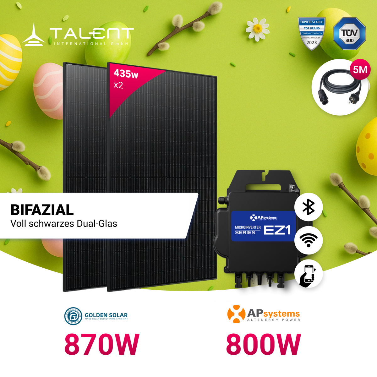 Balkonkraftwerk 2 x 435W Golden Solar Bifacial Glas PV Modul Full Black + 800W EZ1-M Apsystem Wechselrichter