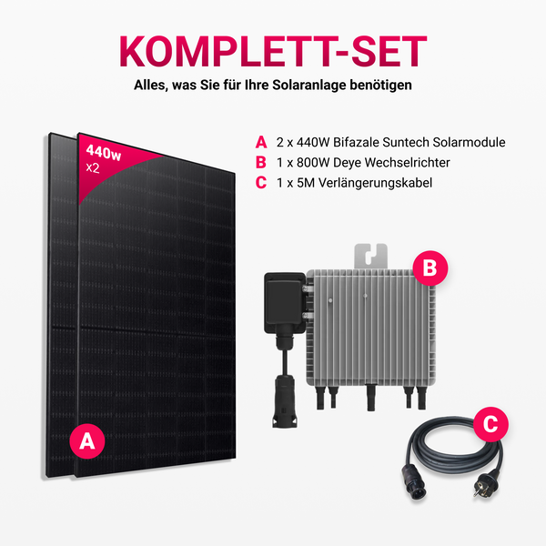 Balkonkraftwerk 880W Suntech Bifazial Dual-Glas Voll Schwarz transparent Topcon Module / 800W Deye Wechselrichter