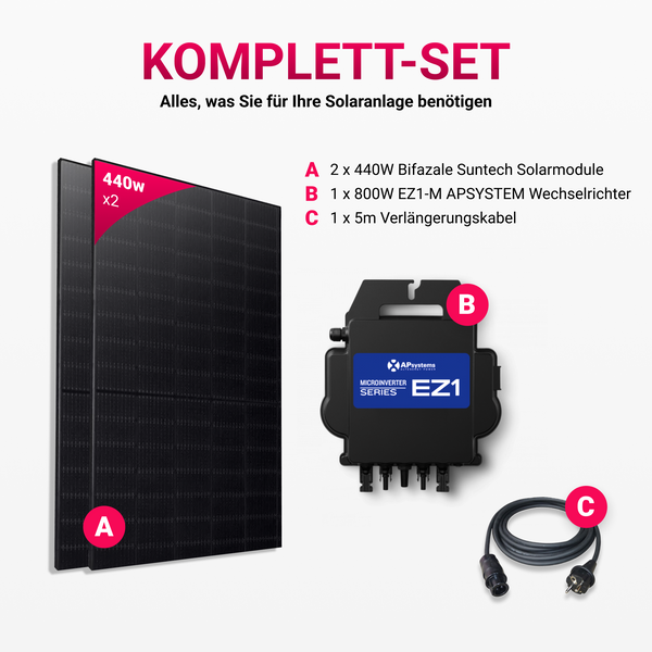 Balkonkraftwerk 880W Suntech Bifazial Dual-Glas Voll Schwarz transparent Topcon Module / 800W EZ1-M Apsystem Wechselrichter