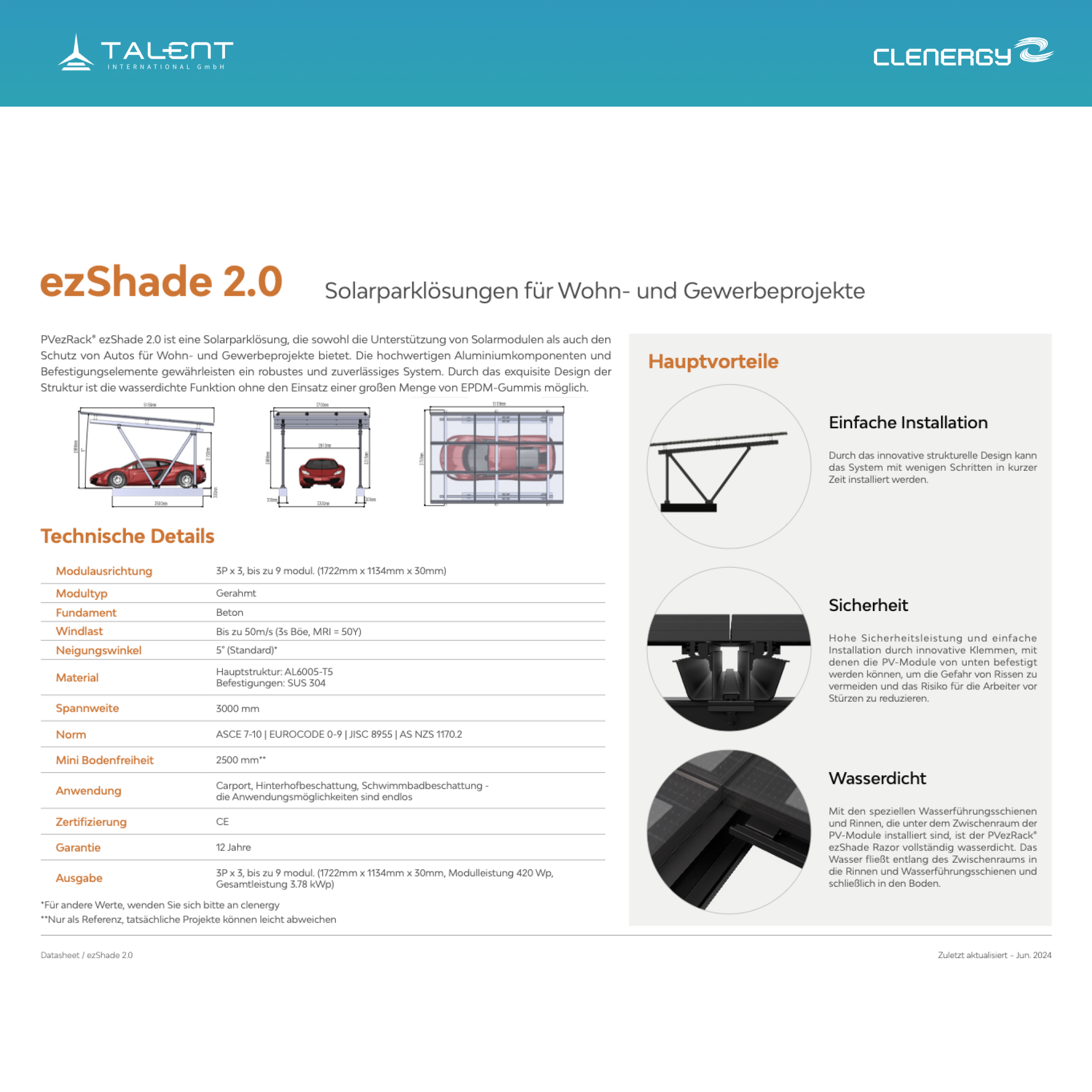 Clenergy PV-Gestellsystem ezShade 2.0 PV-Carport Einzelcarport  + 9 x 440W Ja Solar JAM54D41-440/LB Bifacial Glas PV Modul Full Black