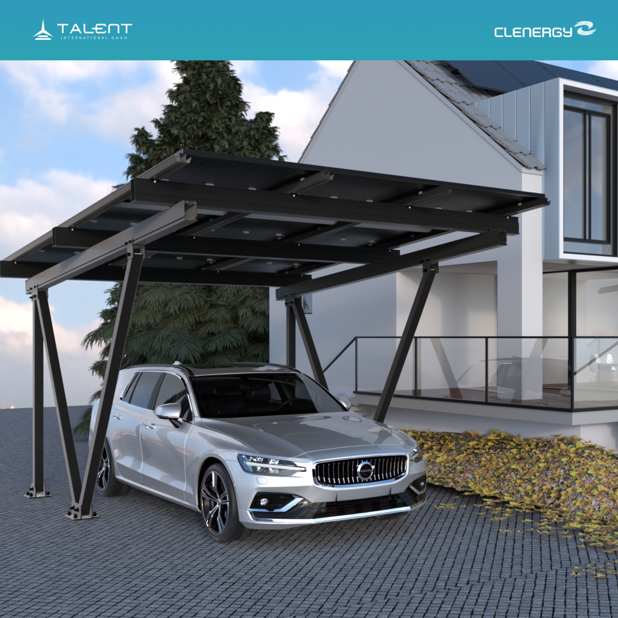 Clenergy PV-Gestellsystem ezShade 2.0 PV-Carport Einzelcarport  + 9 x 440W Ja Solar JAM54D41-440/LB Bifacial Glas PV Modul Full Black