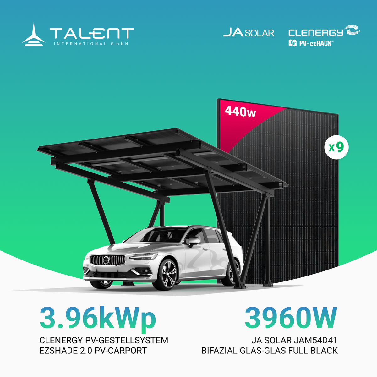 Clenergy PV-Gestellsystem ezShade 2.0 PV-Carport Einzelcarport  + 9 x 440W Ja Solar JAM54D41-440/LB Bifacial Glas PV Modul Full Black