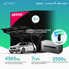 Solarcarport Einzel Clenergy ezShade 2.0 – 9 × 485W AIKO Full Black (4 kWp) & Anker SOLIX Solarbank Max AC