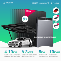 Solarcarport Einzel Clenergy PV-Gestellsystem ezShade 2.0 inkl. 9x 455W Bifazial Full Black Module & Anker SOLIX X1-H5K-T 5kW Wechselrichter mit Speicheroption