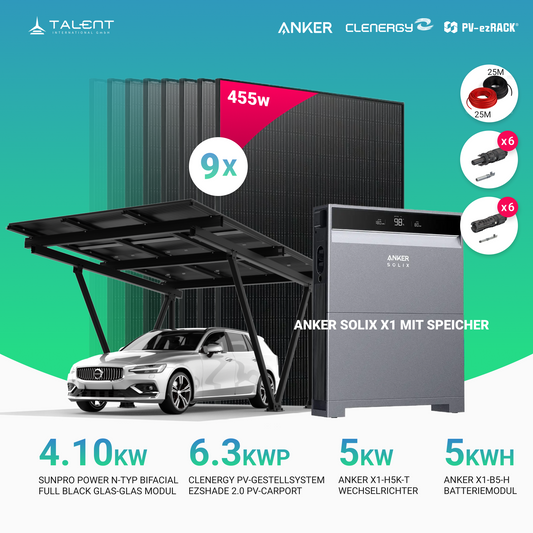 Solarcarport Einzel Clenergy PV-Gestellsystem ezShade 2.0 inkl. 9x 455W Bifazial Full Black Module & Anker SOLIX X1-H5K-T 5kW Wechselrichter mit Speicheroption
