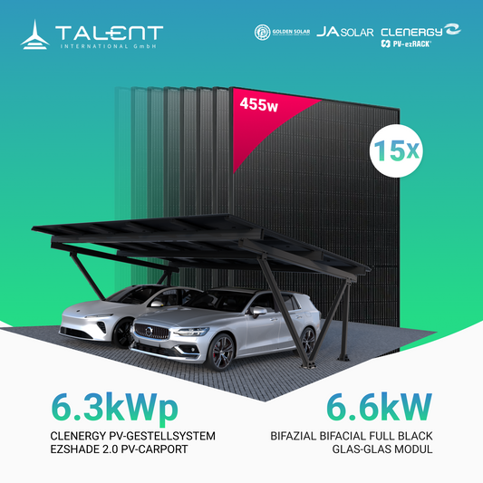 Dual Solarcarport Clenergy PV-Gestellsystem ezShade 2.0 inkl. 15x 455W Bifazial Full Black Solar Module