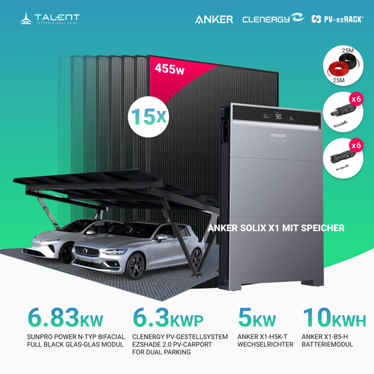 Dual Solarcarport Clenergy PV-Gestellsystem ezShade 2.0 inkl. 15x 455W Bifazial Full Black Solar Module & Anker SOLIX X1-H5K-T 5kW Wechselrichter mit Speicheroption
