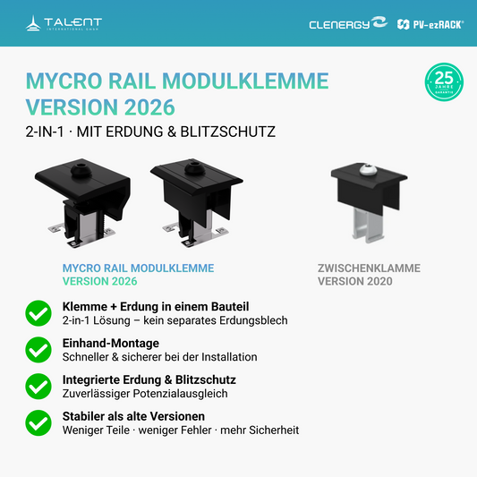 Clenergy PV-ezRack SolarRoof Pro 2.0 Unterkonstruktion Quermontage Schrägdach Montageset für 2 Module in Schwarz / Silber  ( neue ver. 2026 )
