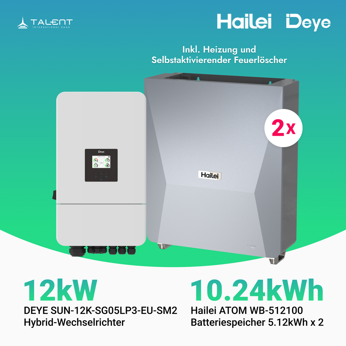 Deye Hybrid-wechselrichter SUN-12K-SG05LP3-EU-SM2 12kW + Hailei 5kWh Batteriespeicher ATOM-WB -512100 Inkl. Heizung und Selbstaktivierender Feuerlöscher