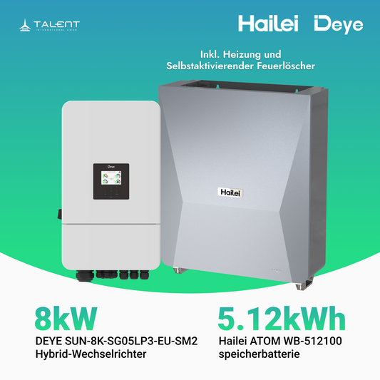 Deye Hybrid-wechselrichter SUN-8K-SG05LP3-EU-SM2 10kW + Hailei 5kWh Batteriespeicher ATOM-WB -512100 Inkl. Heizung und Selbstaktivierender Feuerlöscher