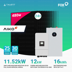 PV Komplettset 11,52 kWp - 24 × 480W AIKO Bifazial Full Black & Deye 12 kW Hybrid-Wechselrichter SUN-12K-SG05LP3-EU-SM2 mit SE-F16-C Batteriespeicher (16 kWh / 32 kWh)