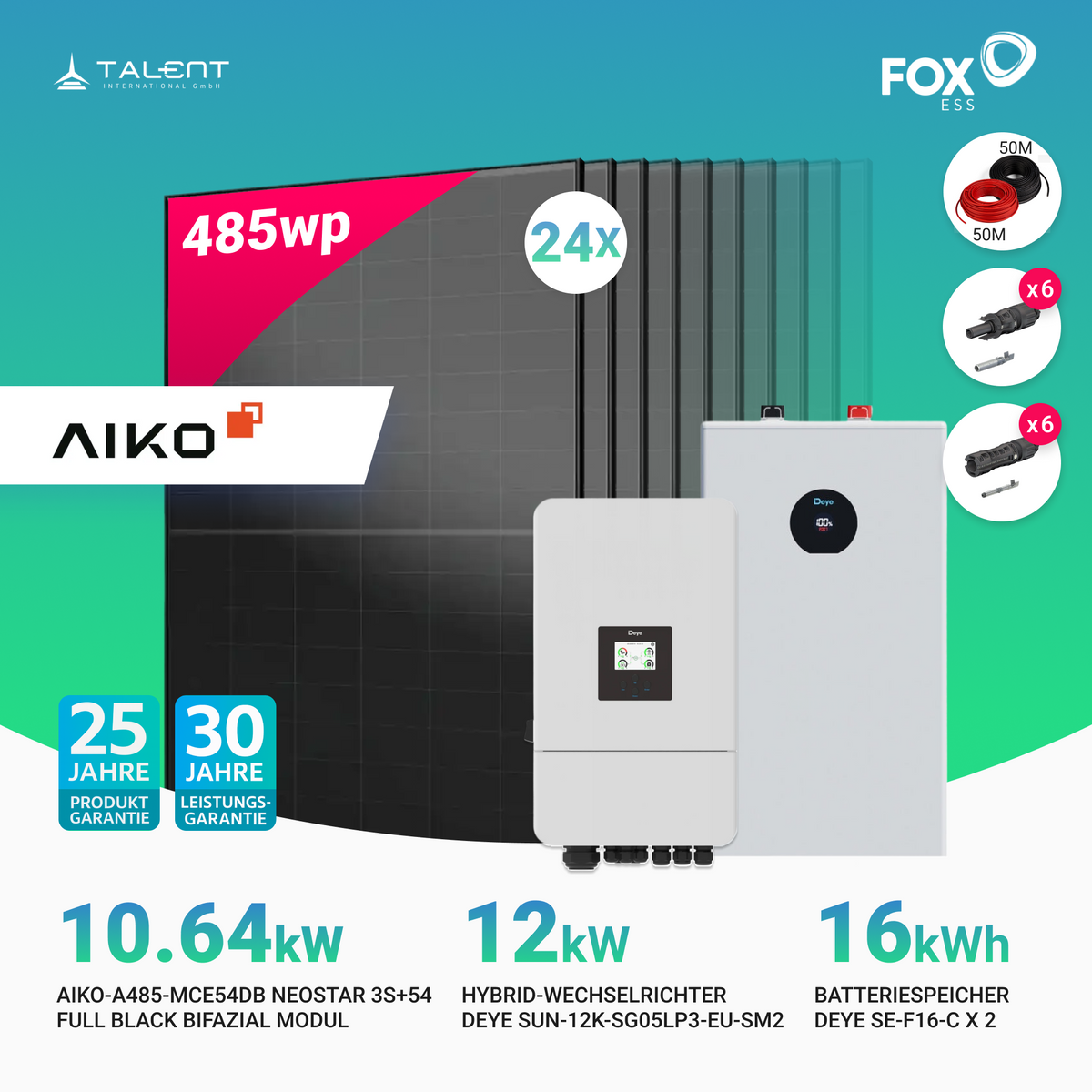 PV Komplettset 10.64 kWp - 24 × 485W Aiko Full Black & Deye 12KW Wechselrichter SUN-12K-SG05LP3-EU-SM2 mit Deye SE-F16-C 16kWh Batteriespeicher
