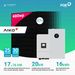 PV Komplettset 17,76 kWp - 37 × 480W AIKO Bifazial Full Black & Deye 20kW Hybrid-Wechselrichter SUN-20K-SG05LP3-EU-SM2 mit SE-F16-C Batteriespeicher (16 kWh / 32 kWh)