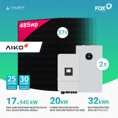 PV Komplettset 17,945 kWp - 37 × 485W AIKO Bifazial Full Black & Deye 20kW Hybrid-Wechselrichter SUN-20K-SG05LP3-EU-SM2 mit SE-F16-C Batteriespeicher (16 kWh / 32 kWh)
