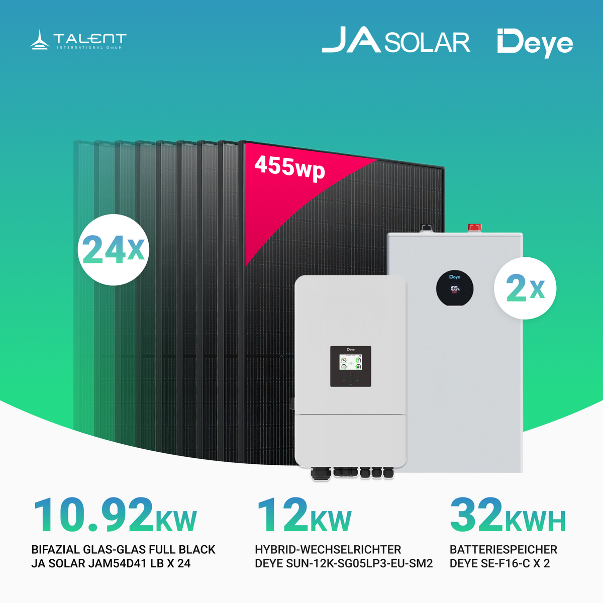 PV Komplettset 10.92 kWp - 24 × JA Solar 455W Bifazial Full Black & Deye 12KW Wechselrichter SUN-12K-SG05LP3-EU-SM2 mit SE-F16-C Batteriespeicher ( 16kWh / 32kWh )