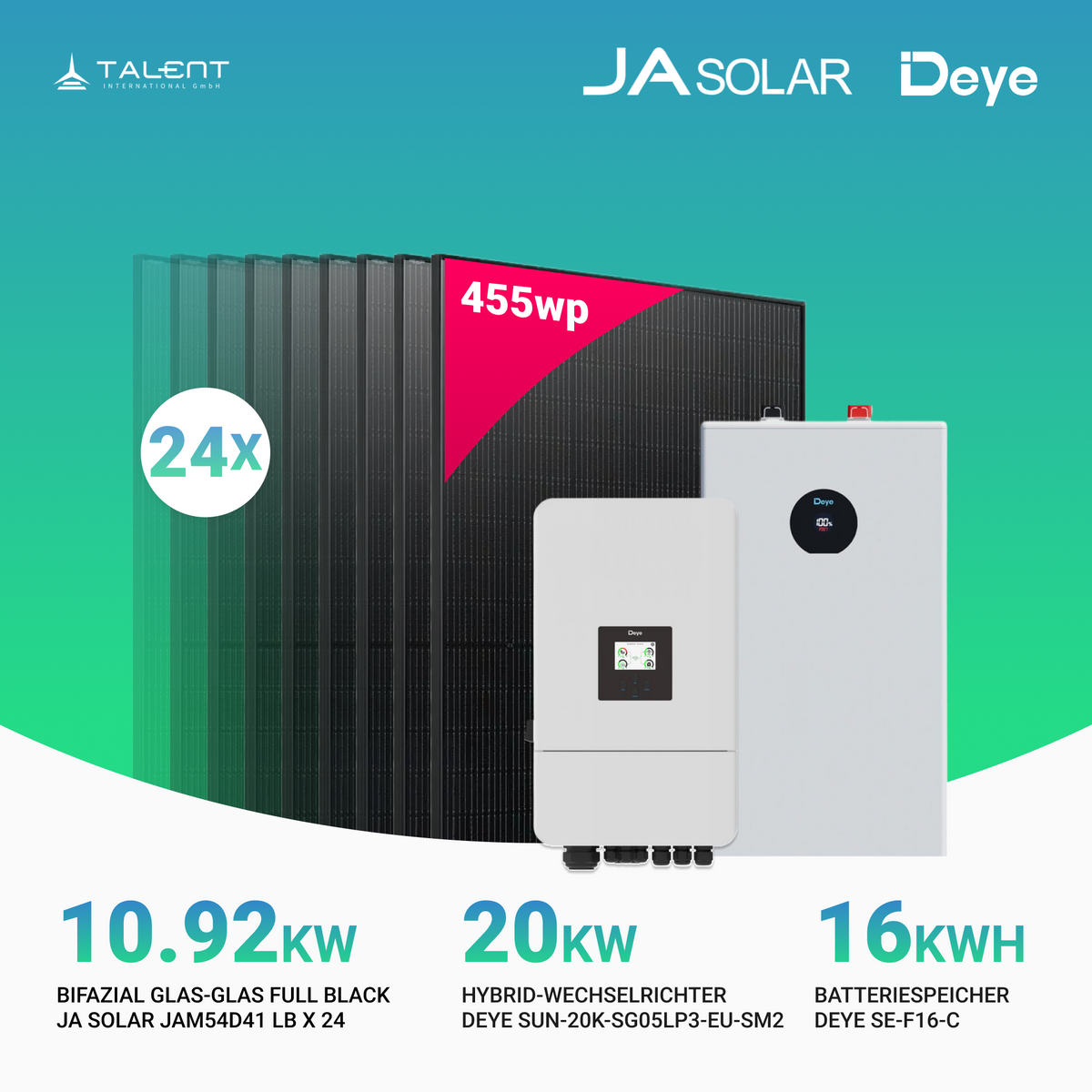 PV Komplettset 10.92 kWp - 24 × JA Solar 455W Bifazial Full Black & Deye 20kW Hybrid-wechselrichter SUN-20K-SG05LP3-EU-SM2 mit SE-F16-C Batteriespeicher ( 16kWh / 32kWh ))