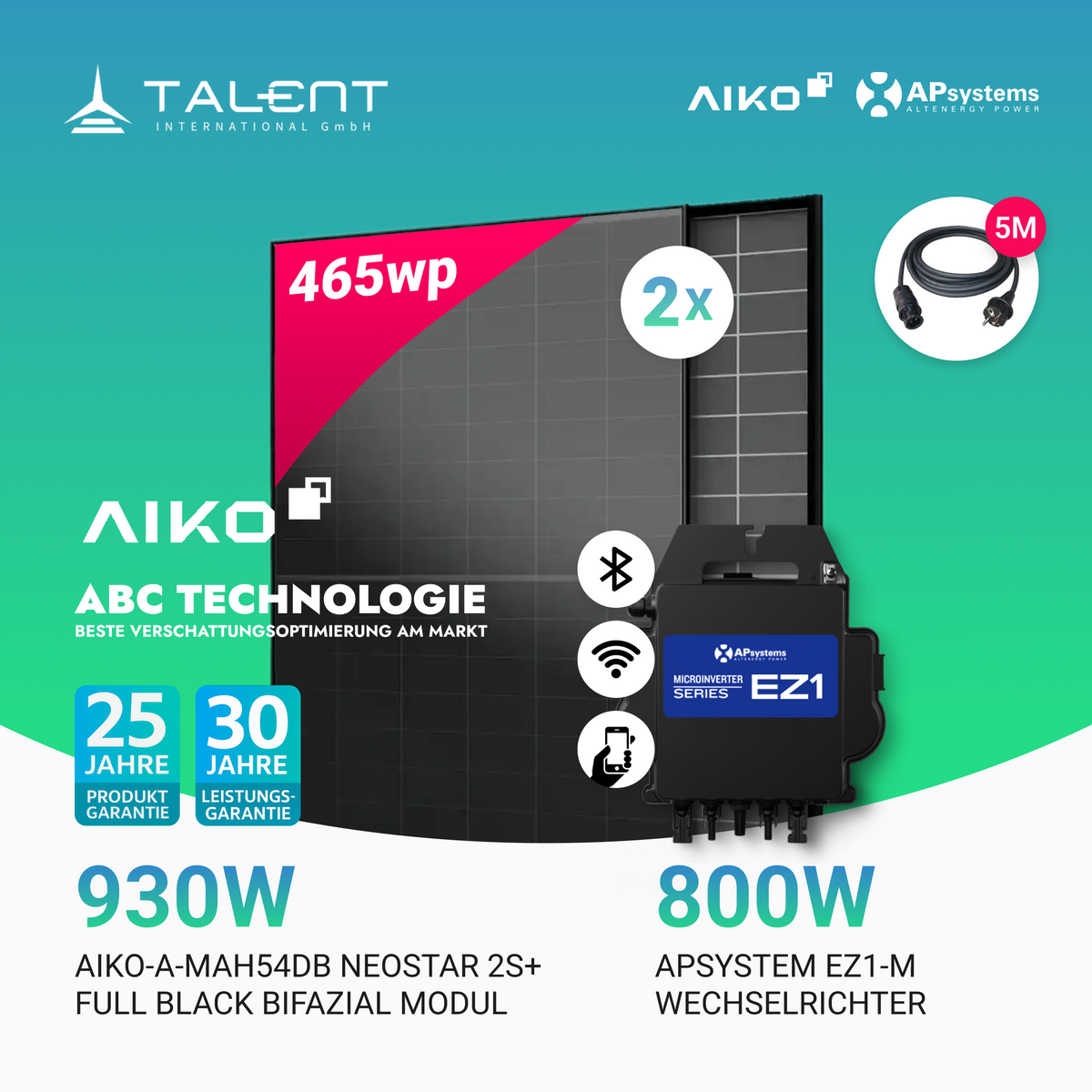 930W Balkonkraftwerk - 2× AIKO 465W Full Black + 800W EZ1-M Apsystem Wechselrichter (Optional mit APmeter Smart Meter)