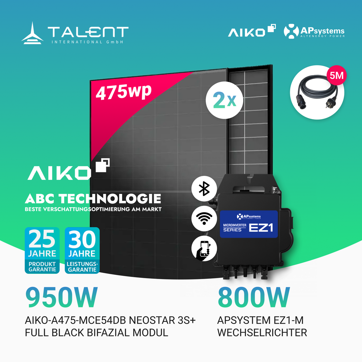 950W Balkonkraftwerk - 2× AIKO 475W Full Black + 800W EZ1-M Apsystem Wechselrichter (Optional mit APmeter Smart Meter)