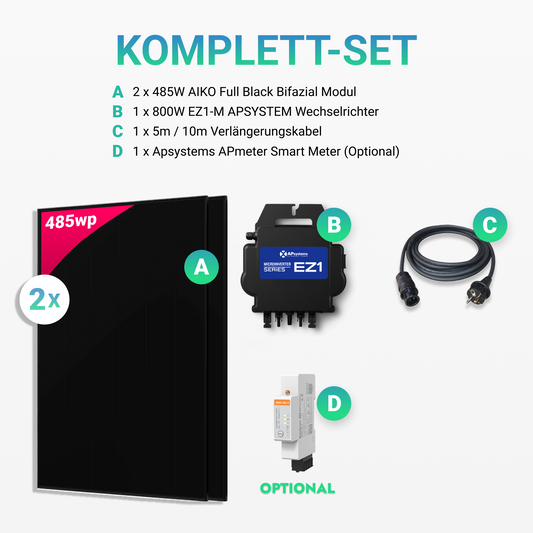 970W Balkonkraftwerk - 2× AIKO 485W Full Black + 800W EZ1-M Apsystem Wechselrichter (Optional mit APmeter Smart Meter)