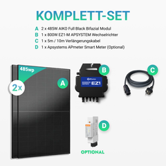 970W Balkonkraftwerk - 2× AIKO 485W Full Black + 800W EZ1-M Apsystem Wechselrichter (Optional mit APmeter Smart Meter)