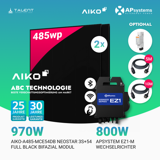 970W Balkonkraftwerk - 2× AIKO 485W Full Black + 800W EZ1-M Apsystem Wechselrichter (Optional mit APmeter Smart Meter)