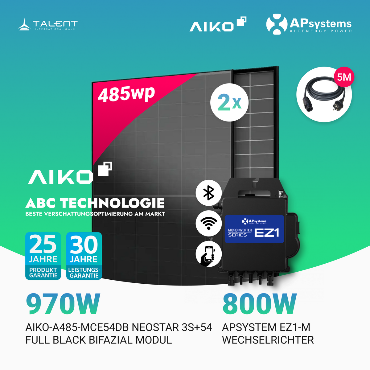 970W Balkonkraftwerk - 2× AIKO 485W Full Black + 800W EZ1-M Apsystem Wechselrichter (Optional mit APmeter Smart Meter)