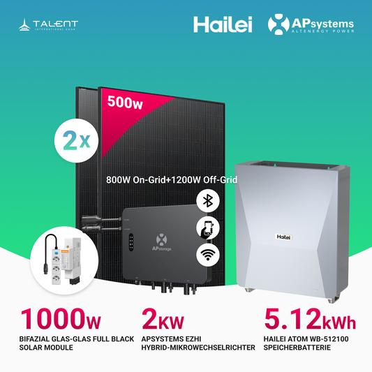APsystems EZHI Balkonkraftwerk – Hybrid & Insel-System mit 5kWh / 10kWh Speicher + 1000W (2×500W) Bifazial Full Black PV Modulen, AC 2000W