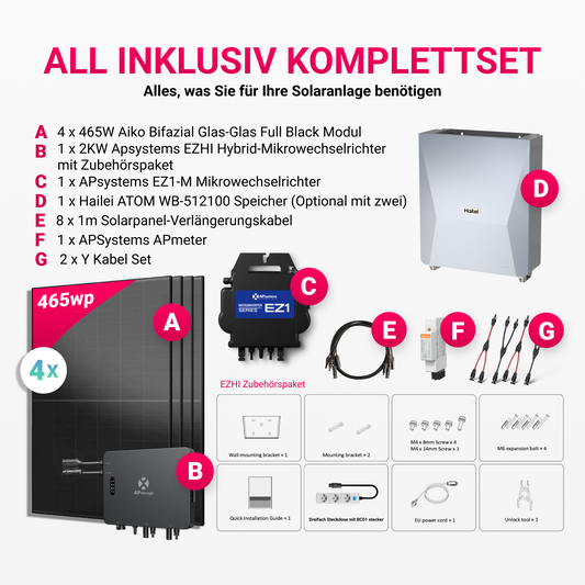 APsystems EZHI + EZ1M Set: Insel- & Hybrid-System + 5 kWh / 10 kWh Speicher + 1860W (4×465W) Aiko Bifacial Glas Full Black Modulen + AC Leistung 2800W