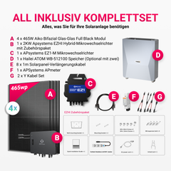 APsystems EZHI + EZ1M Set: Insel- & Hybrid-System + 5 kWh / 10 kWh Speicher + 1860W (4×465W) Aiko Bifacial Glas Full Black Modulen + AC Leistung 2800W
