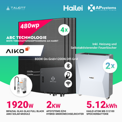 APsystems EZHI Balkonkraftwerk – Insel- & Hybrid-System mit 5kWh / 10kwh Speicher +  1920W (4×480W) Aiko Bifacial Glas Full Black Modul, AC2000W