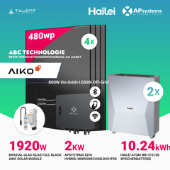 APsystems EZHI Balkonkraftwerk – Insel- & Hybrid-System mit 5kWh / 10kwh Speicher +  1920W (4×480W) Aiko Bifacial Glas Full Black Modul, AC2000W