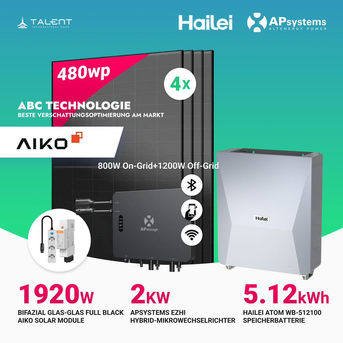 APsystems EZHI Balkonkraftwerk – Insel- & Hybrid-System mit 5kWh / 10kwh Speicher +  1920W (4×480W) Aiko Bifacial Glas Full Black Modul, AC2000W