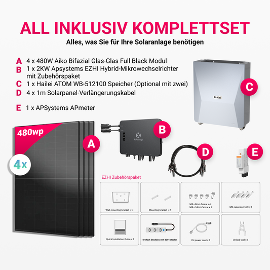 APsystems EZHI Balkonkraftwerk – Insel- & Hybrid-System mit 5kWh / 10kwh Speicher +  1920W (4×480W) Aiko Bifacial Glas Full Black Modul, AC2000W