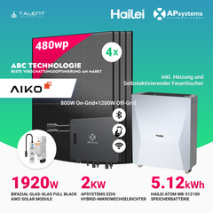 APsystems EZHI Balkonkraftwerk – Insel- & Hybrid-System mit 5kWh / 10kwh Speicher +  1920W (4×480W) Aiko Bifacial Glas Full Black Modul, AC2000W